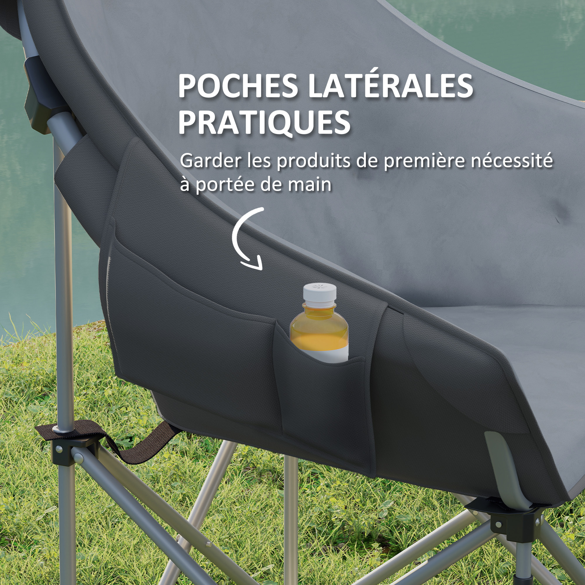 Chaise de camping pliante rembourrée revêtement toucher daim grand confort rangements sac inclus gris