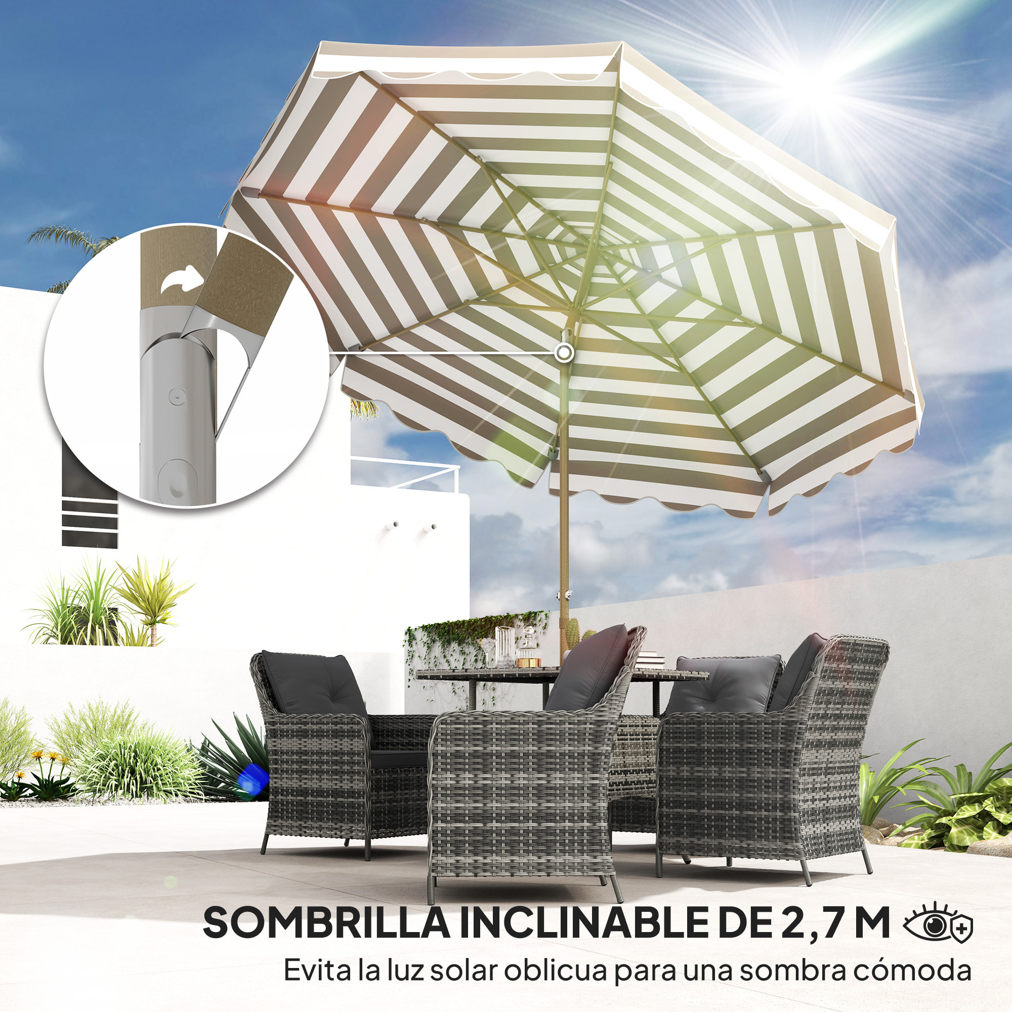 Sombrilla Terraza Exterior Ø268 cm Sombrilla de Jardín con Ángulo Inclinable y Manivela Protección UV 50+ Parasol para Patio Terraza Gris y Blanco