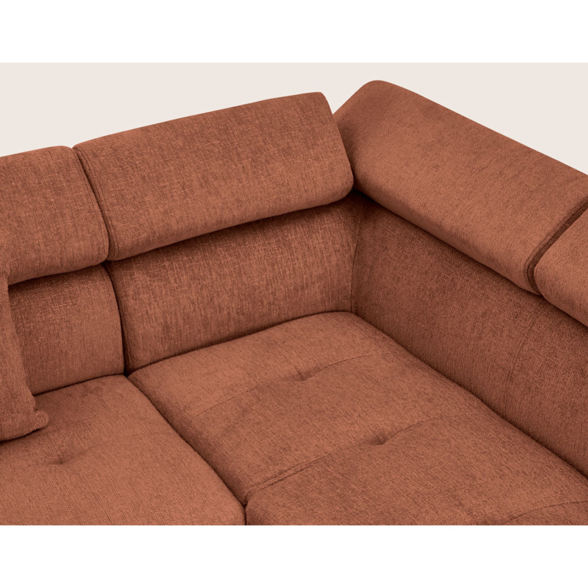 Margaux - Canapé d'angle droit 5 places convertible avec coffre et têtières réglables en velours texturé - Terracotta