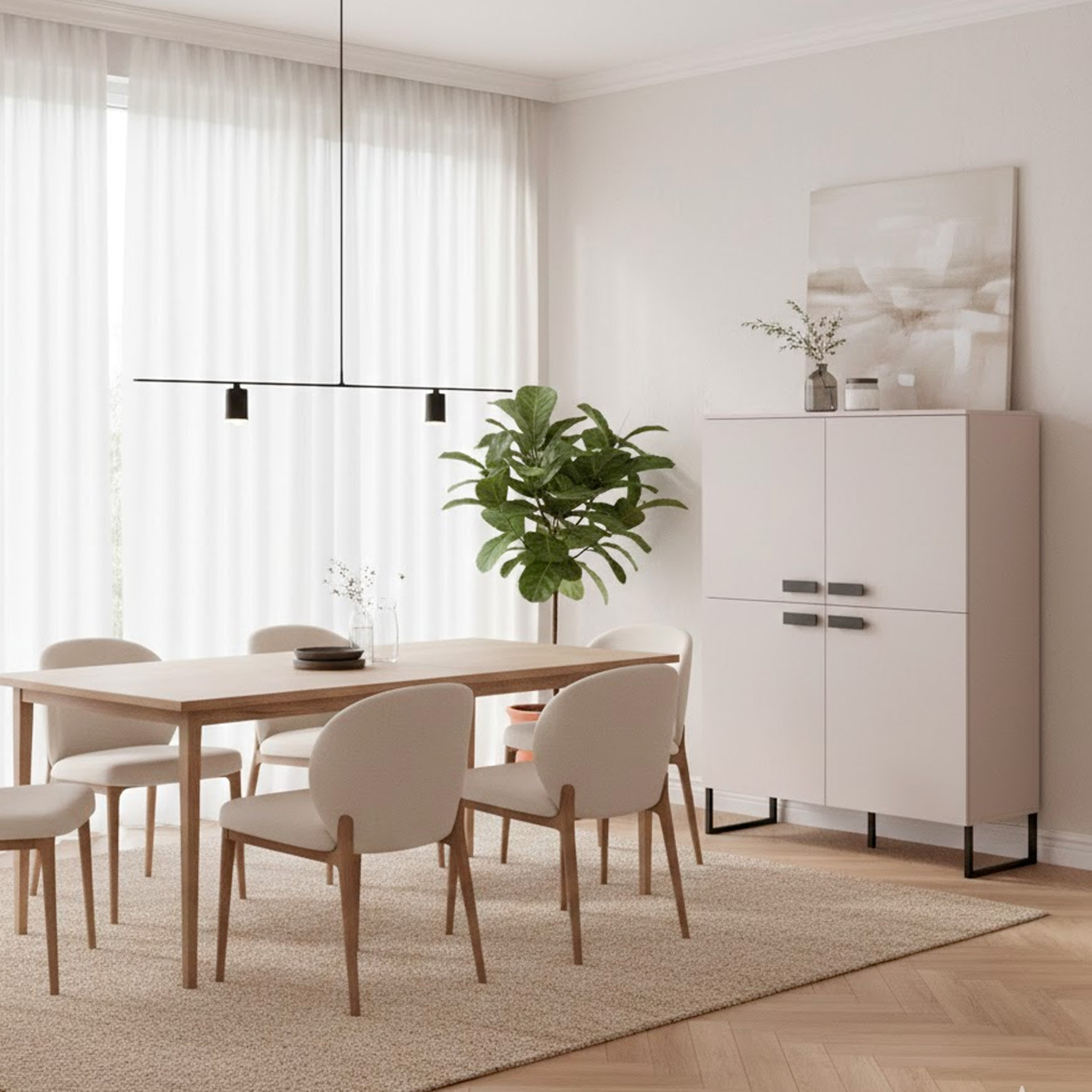 Madia Alta 4 Ante Mobile Soggiorno Moderno Con 4 Ripiani Interni E Piedini Neri Design Elegante Per Sala Da Pranzo Salotto 108 x 144 x 40 Cm Cashmere