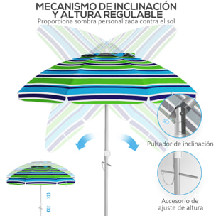 Sombrilla de Playa Ø178x205 cm Parasol para Terraza con Reclinación 45° Altura Ajustable Apertura Manual Anti-UV Impermeable y Bolsa de Transporte para Jardín Piscina Multicolor