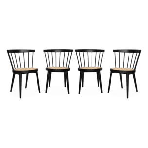 Lot de 4 chaises noires en bois et cannage. Nora. L 53 x P 53.5 x H 76cm