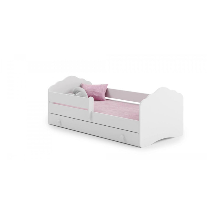 Letto singolo per bambini, Lettino con cassettone e protezione anticaduta e testiera a ''nuvola'', cm 144x78h58, colore Bianco