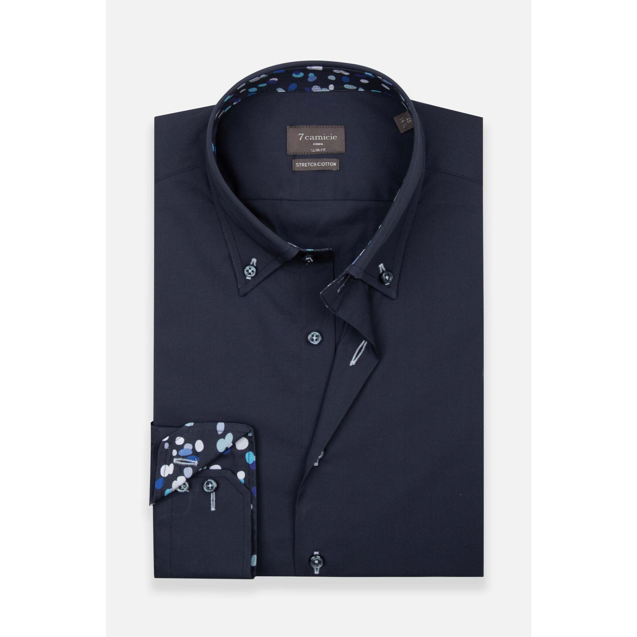 Camicia Uomo 2 Bottoni Button Down Slim Popeline Stretch Unito Blu
