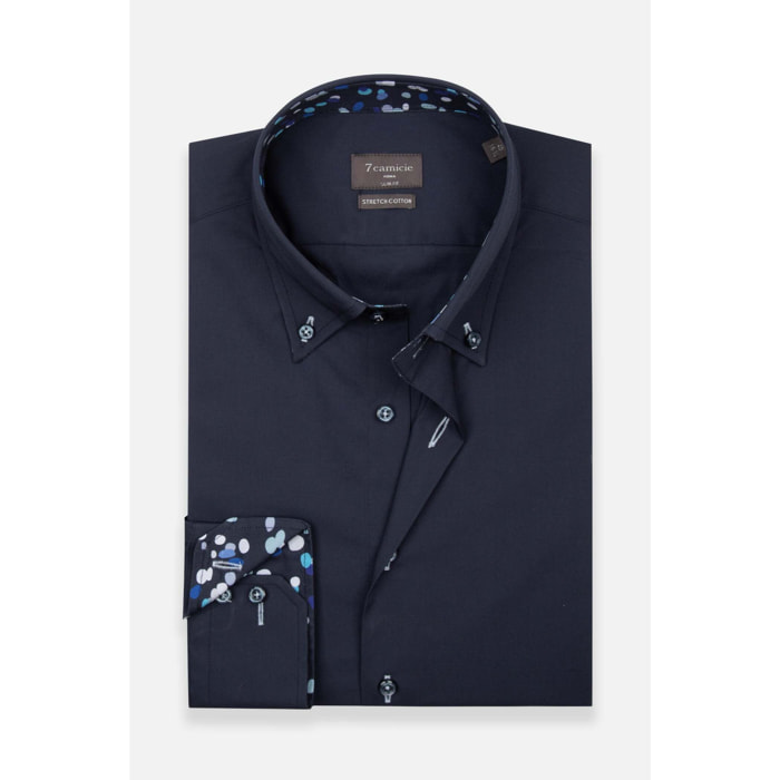 Camicia Uomo 2 Bottoni Button Down Slim Popeline Stretch Unito Blu