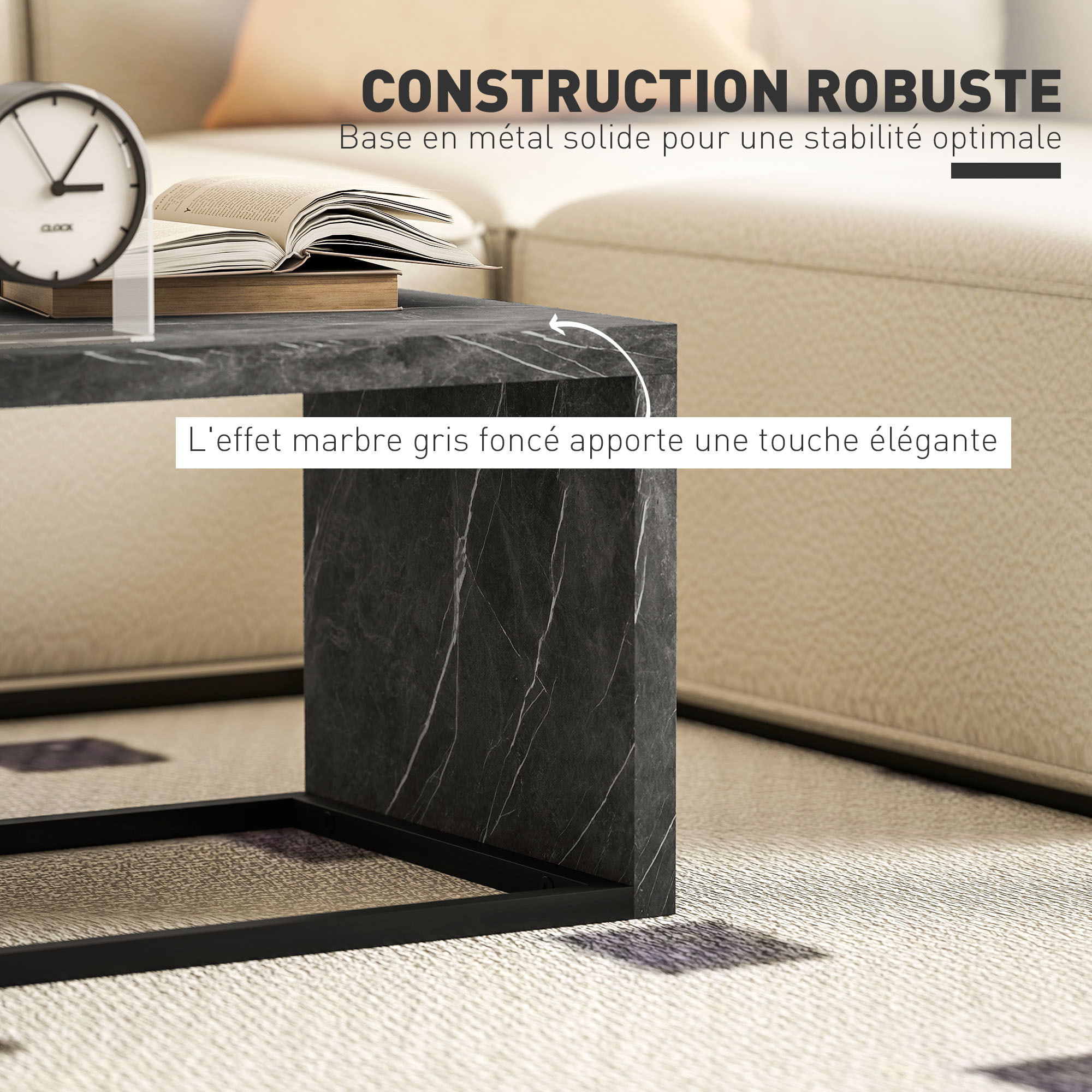 Lot de 2 tables basses gigognes design industriel encastrable dim. grande table 90L x 48l x 42H cm métal noir effet marbre gris