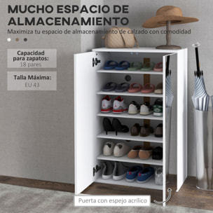 Mueble Zapatero con Espejo Armario Zapatero para 18 Pares de Zapatos con 5 Estantes Ajustables para Recibidor 60x32x95 cm Blanco