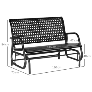 Outsunny Banco Balancín de Ratán de 2 Plazas Mecedora de Jardín con Balanceo Ergonómico y Marco de Metal para Terraza Balcón Exterior Carga 220 kg 70x120x84 cm Negro