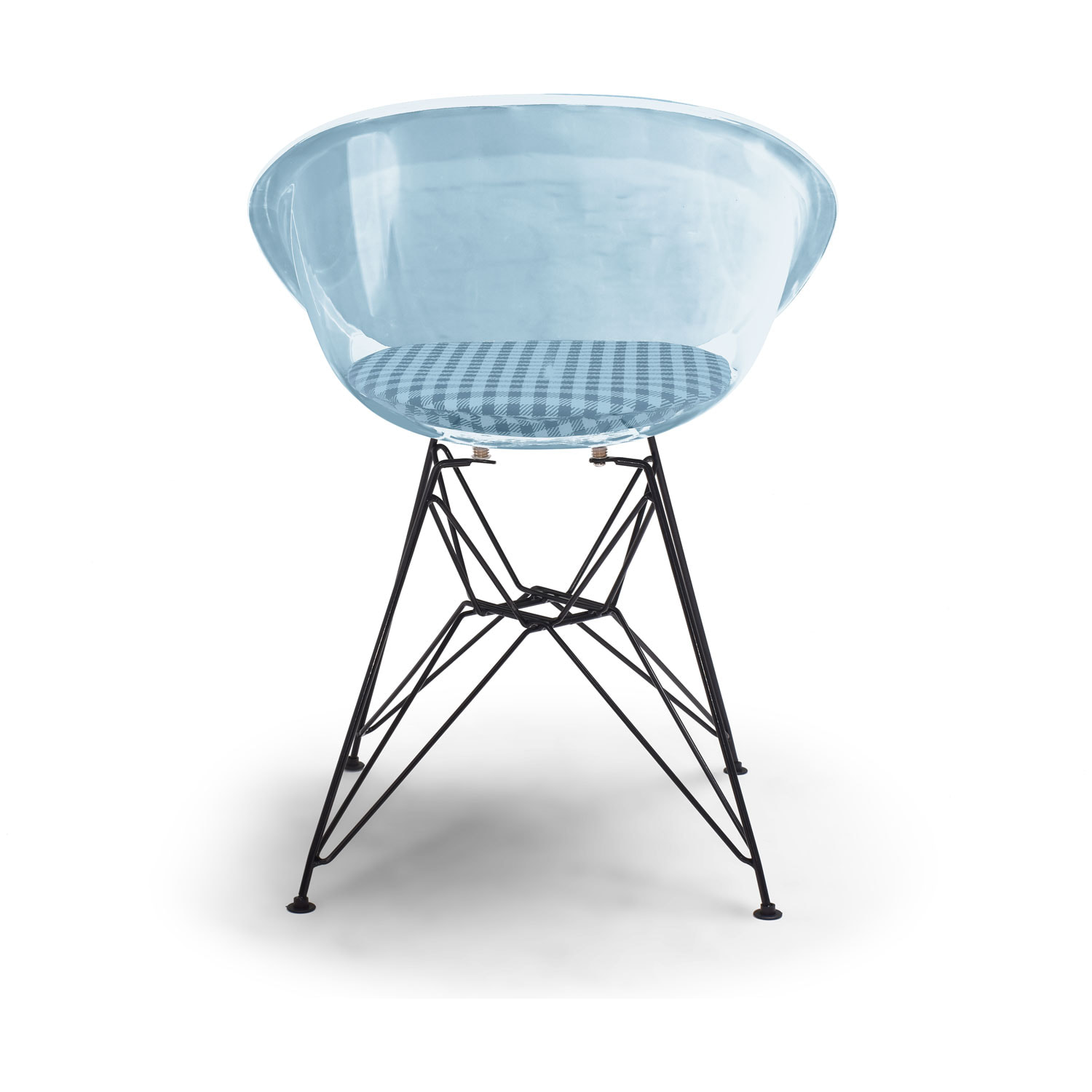 Manila - Set di 4 sedie di design in metallo e PP con cuscino a scacchi azzurro