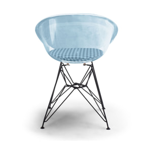 Manila - Set di 4 sedie di design in metallo e PP con cuscino a scacchi azzurro