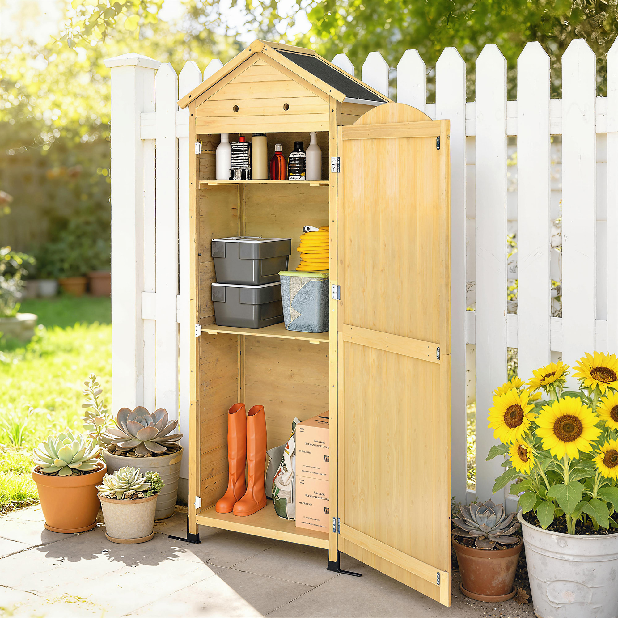 Armoire de jardin bois sur pieds H.213cm 2 étagères toit double pente métal