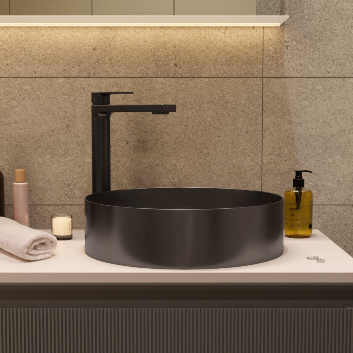 Vasque à poser design ronde diamètre 38 cm - métal gun metal noir brossé - acier inoxydable - Timeless Ceramia