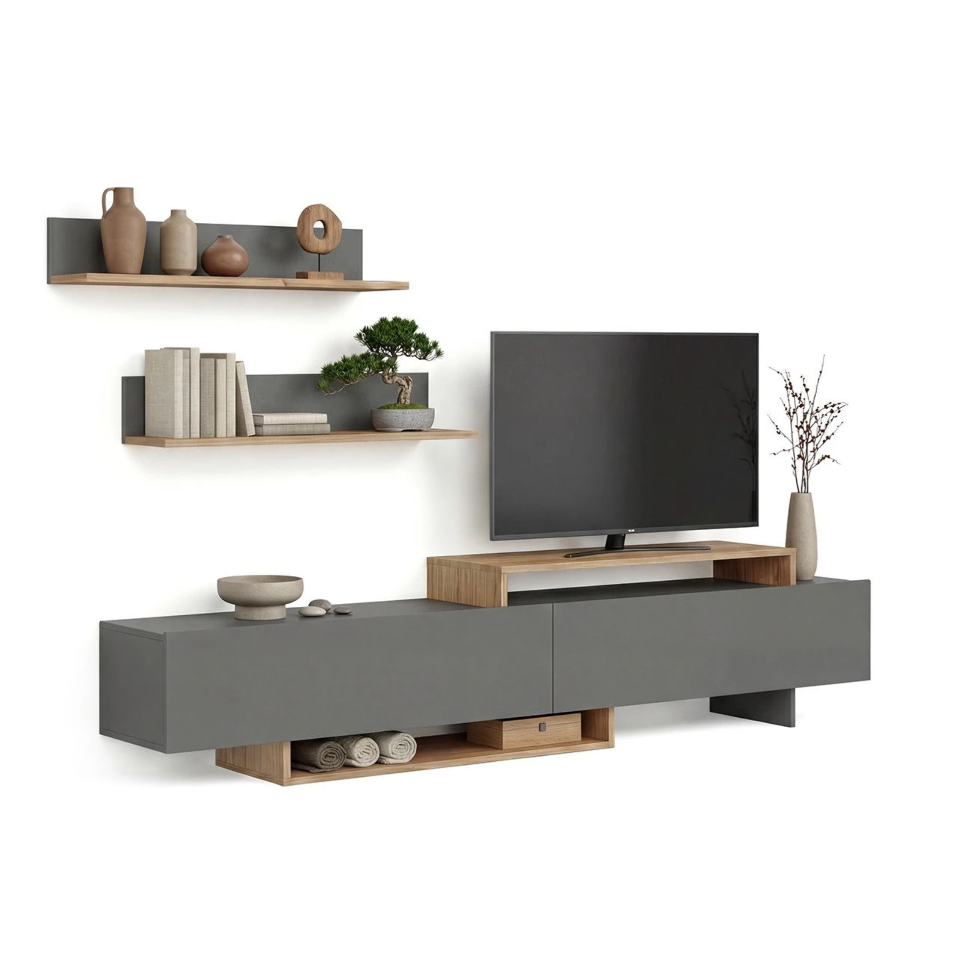 Salón con mueble TV y estanterías en gris grafito y alpino 200 cm Bender Gris Grafito - Alpino