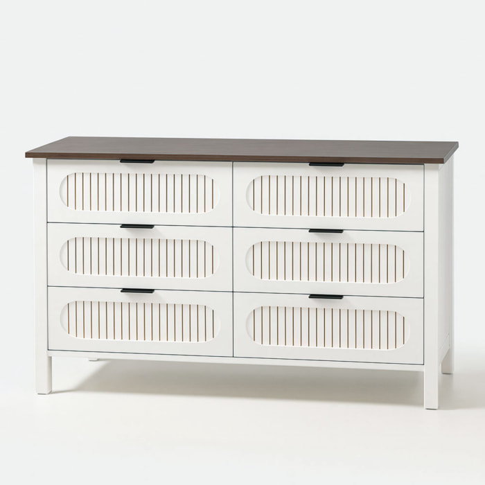 NORTH Commode 6 tiroirs blanc rainuré et bois 120cm
