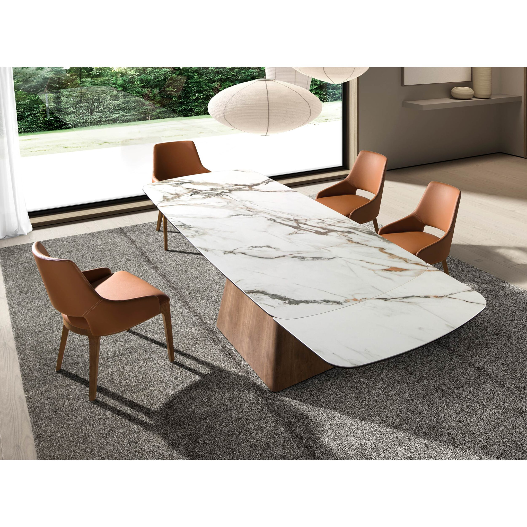 Mesa comedor extensible rectangular con tapa de mármol porcelánico en blanco con vetas marrones en acabado mate 180x100x78cm