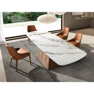 Mesa comedor extensible rectangular con tapa de mármol porcelánico en blanco con vetas marrones en acabado mate 180x100x78cm