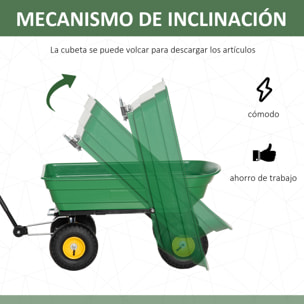 Carro de Jardín con Carrocería Inclinable hasta 75° Carretilla de Transporte con Mango Ajustable con 4 Neumáticos Capacidad Max.75 L Acero 109x52x94 cm Verde Oscuro