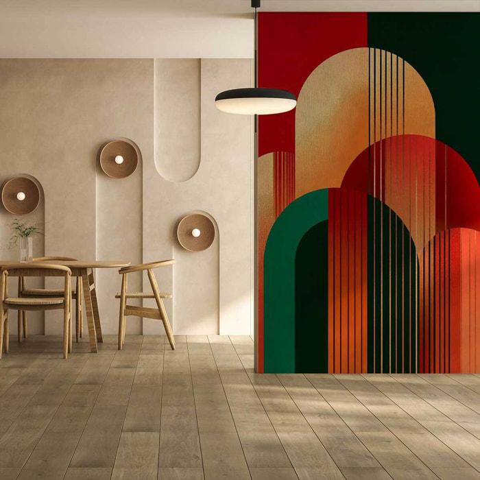 Papier peint arches graphiques rouge et vert style art déco moderne Intissé
