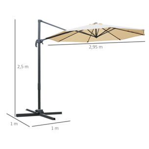 Parasol déporté octogonal inclinable rotatif 360° manivelle piètement acier mât alu. dim. Ø 2,95 x 2,5H m polyester haute densité beige