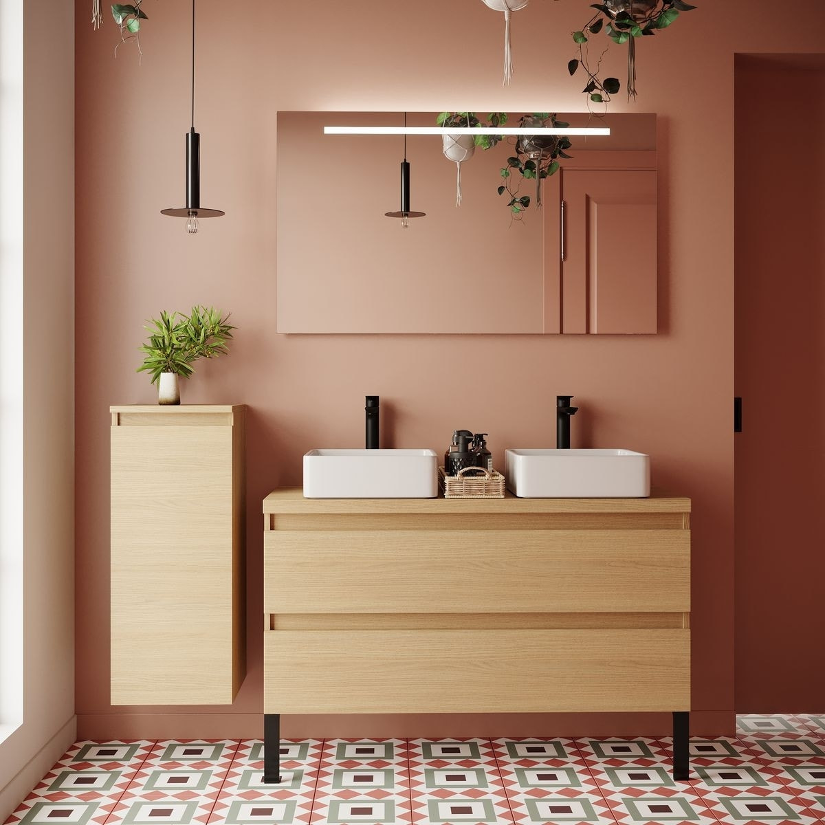 Meuble salle de bain 2 vasques posées 2 tiroirs - HUDSON
