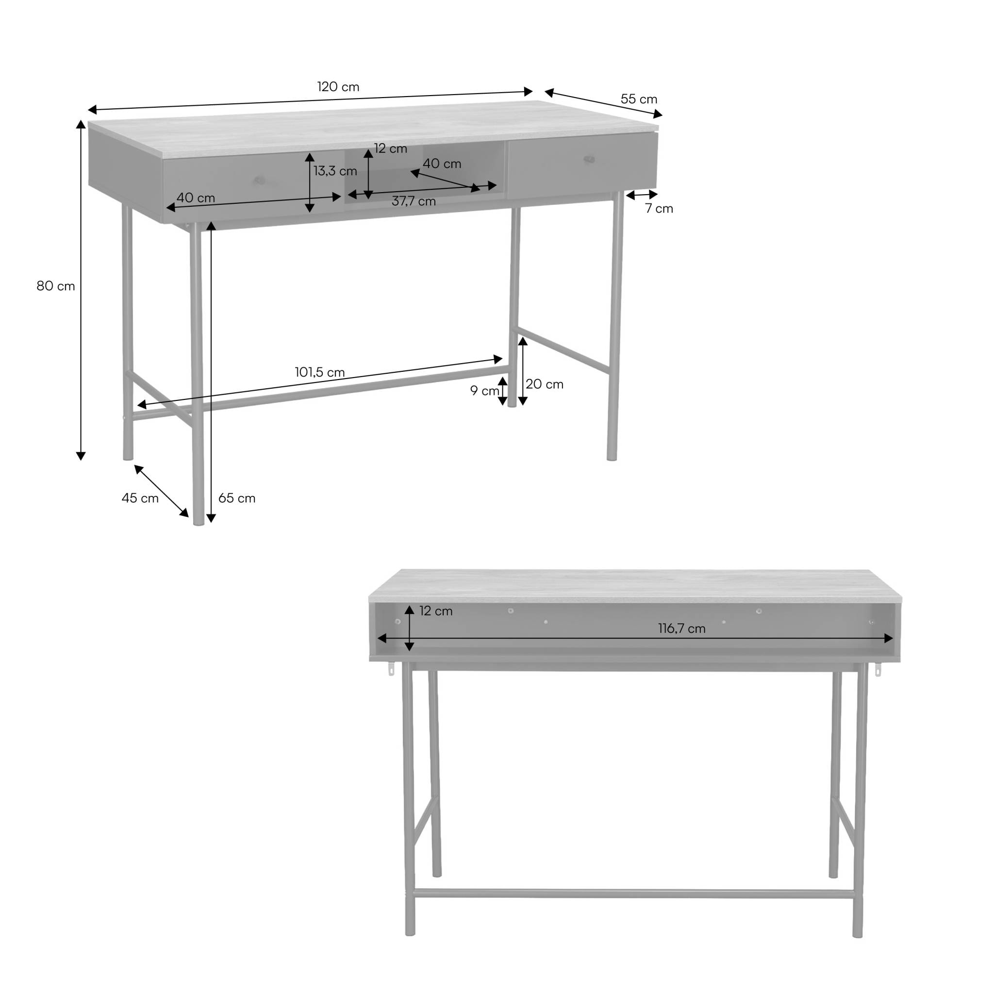 Bureau décor bois et fer 2 tiroirs 1 casier WILLIAM