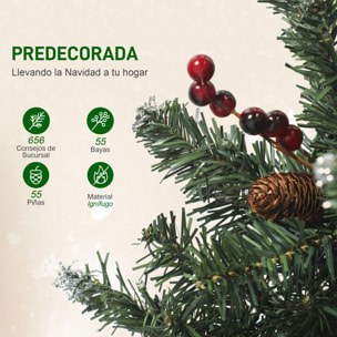 Árbol de Navidad Estrecho 210 cm, Árbol de Navidad con Luces LED, 8 Modos de Iluminación, Ramas con Purpurina Plateada, Piñas, Bayas y Soporte Metálico, Verde