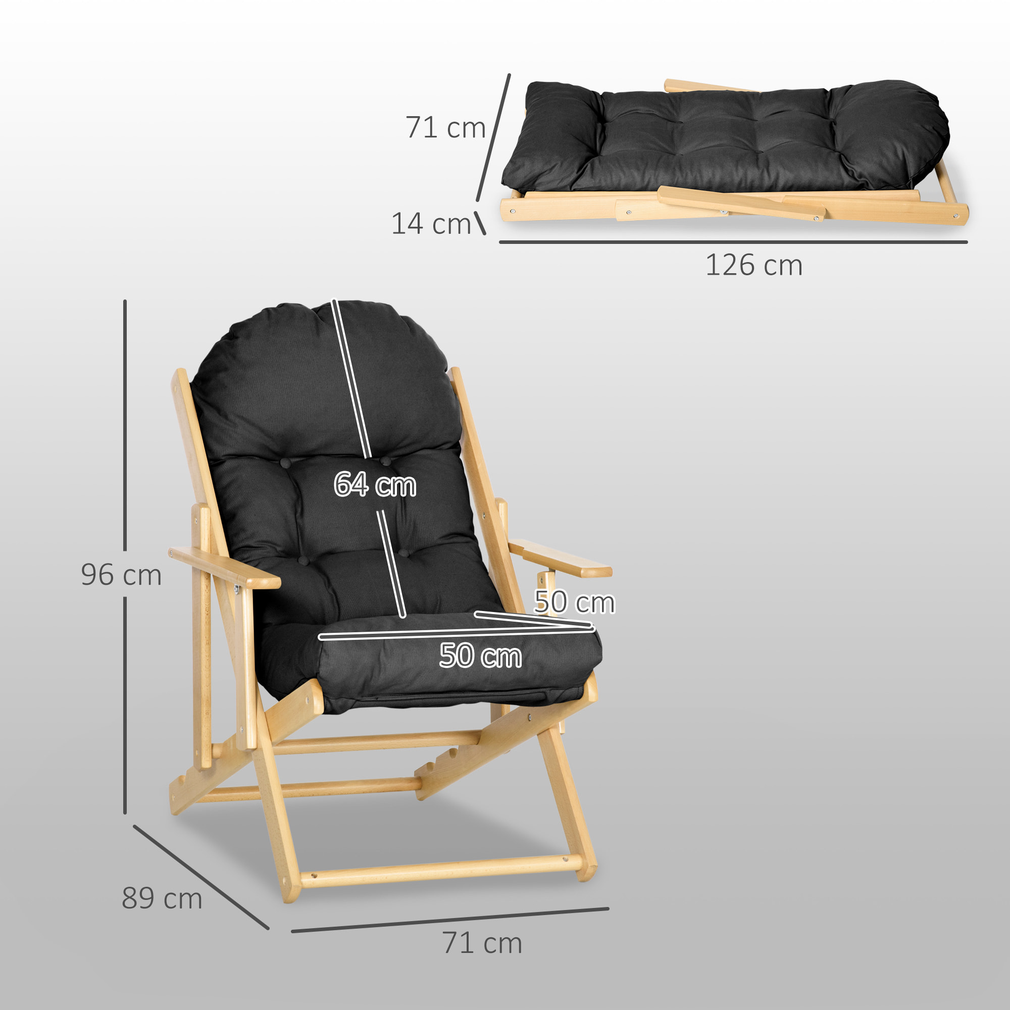 Fauteuil chaise pliable et inclinable en bois grand confort avec coussin capitonné épais - dim. 71I x 89P x 96H cm - noir