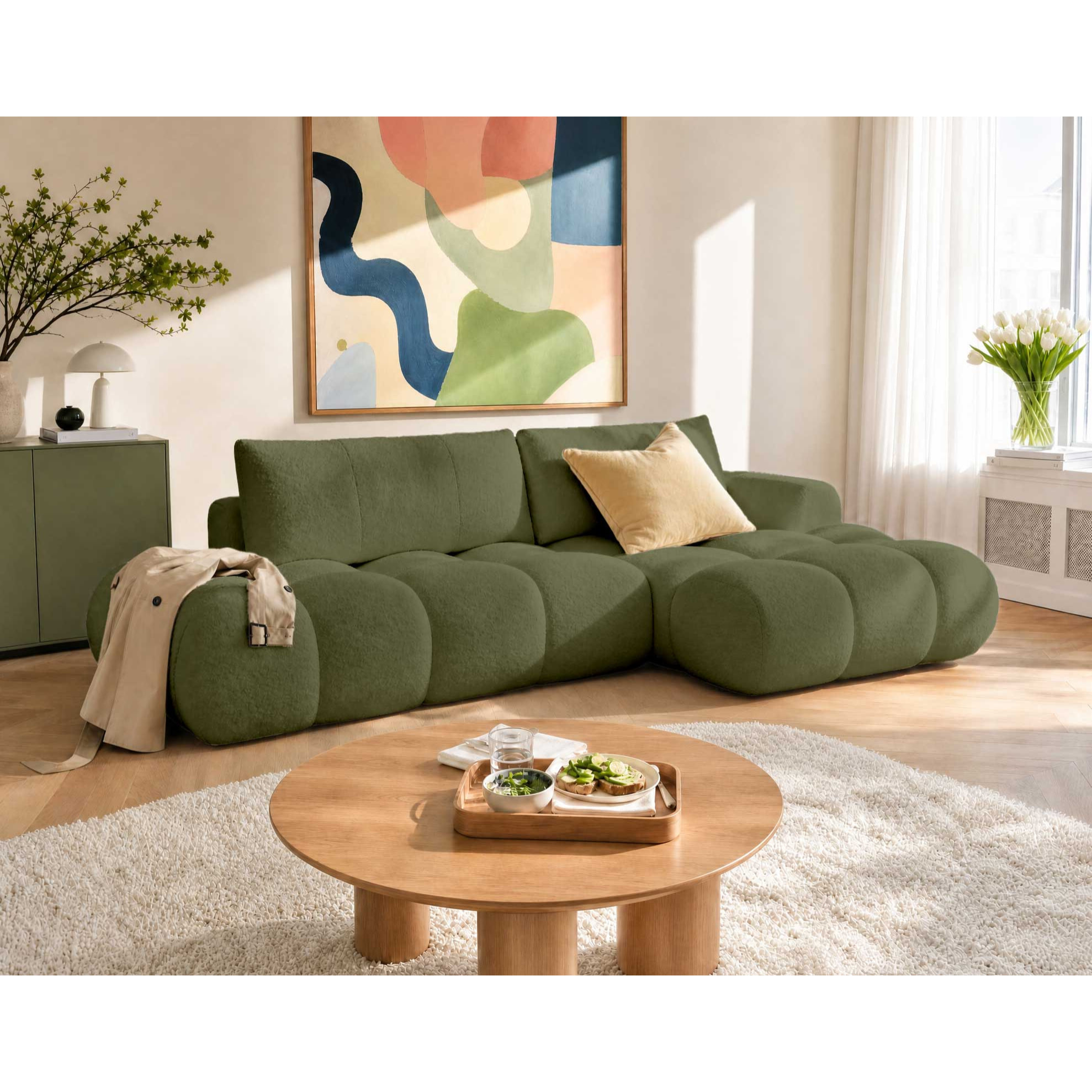Yulin - Canapé d'angle ouvert droit 4 places convertible avec coffre en tissu bouclette - Vert