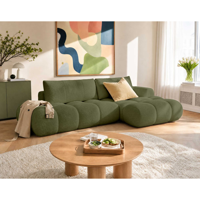 Yulin - Canapé d'angle ouvert droit 4 places convertible avec coffre en tissu bouclette - Vert