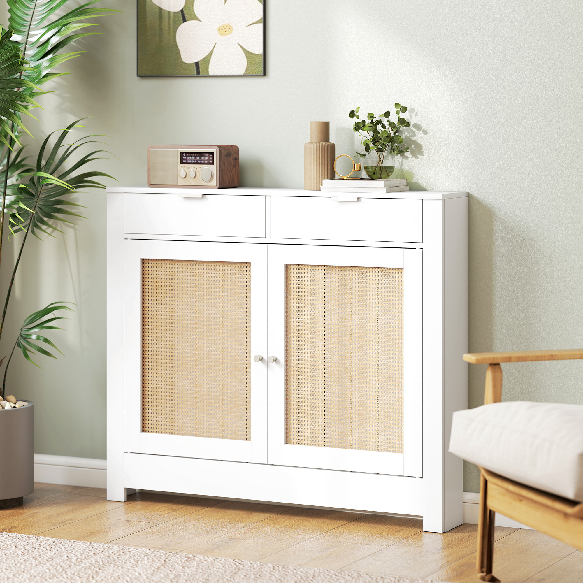 Cubre Radiadores con Puertas Abatibles y Ratán, Cubreradiador de MDF, 111x19x95,5 cm, Cubierta para Radiador, 2 Compartimentos, Diseño Bohemio, para Salón, Dormitorio, Blanco