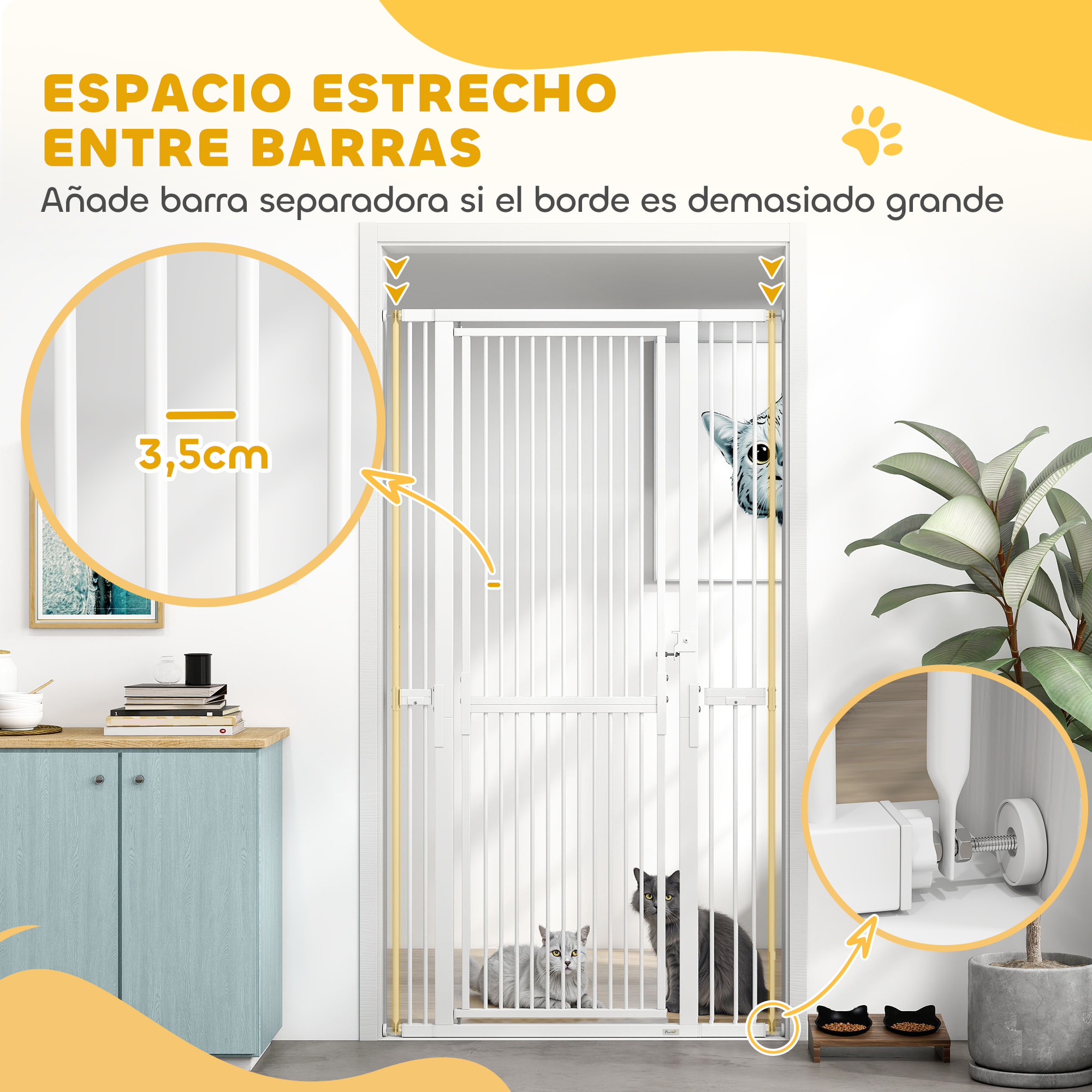 Barrera de Seguridad para Perros y Gatos Extra Alta 180 cm, Barrera para Perros Extensible 76-104 cm, Separación 3,5 cm, para Puertas y Escaleras, con Montaje a Presión, 2 Extensiones, Blanco