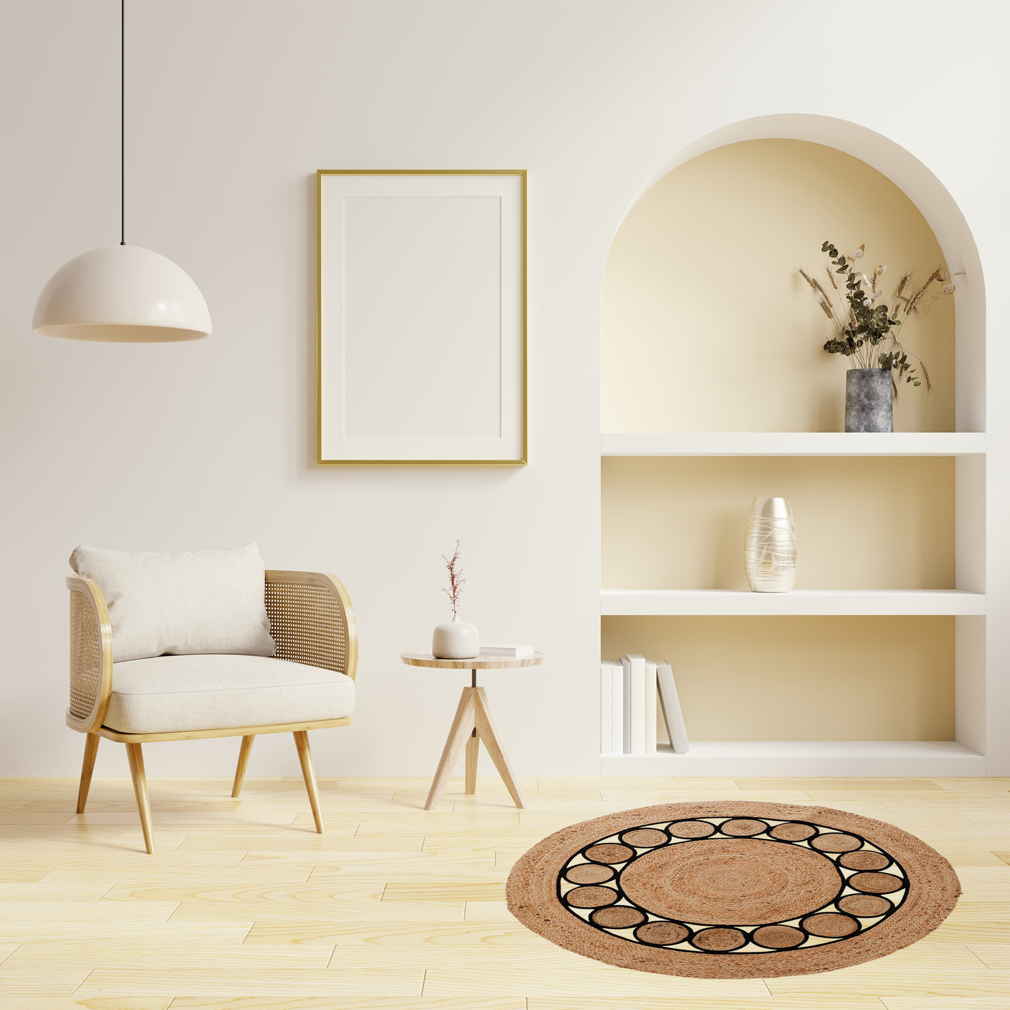 Alfombra redonda trenzada de yute y algodón - 90 cm - Negro y natural