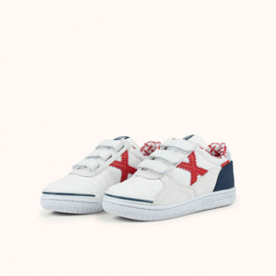MUNICH G-3 KID VCO 457 Zapatillas Infantiles de Fútbol Sala en Color Blanco con Detalles Rojos y Marinos con Triple Velcro