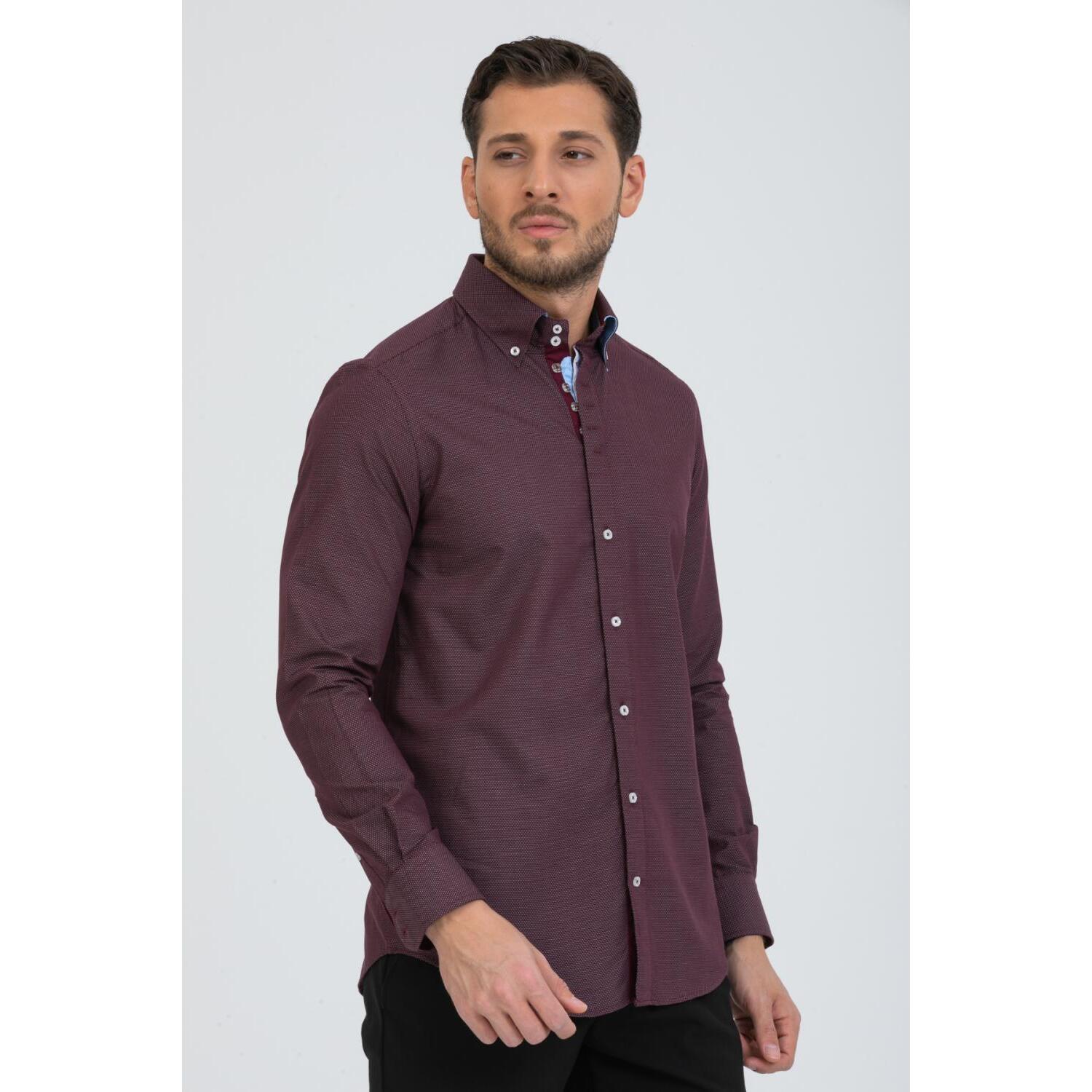 Camicia Uomo 2 Bottoni Button Down Slim Jacquard Fantasia Rosso Bordeaux/Bianco