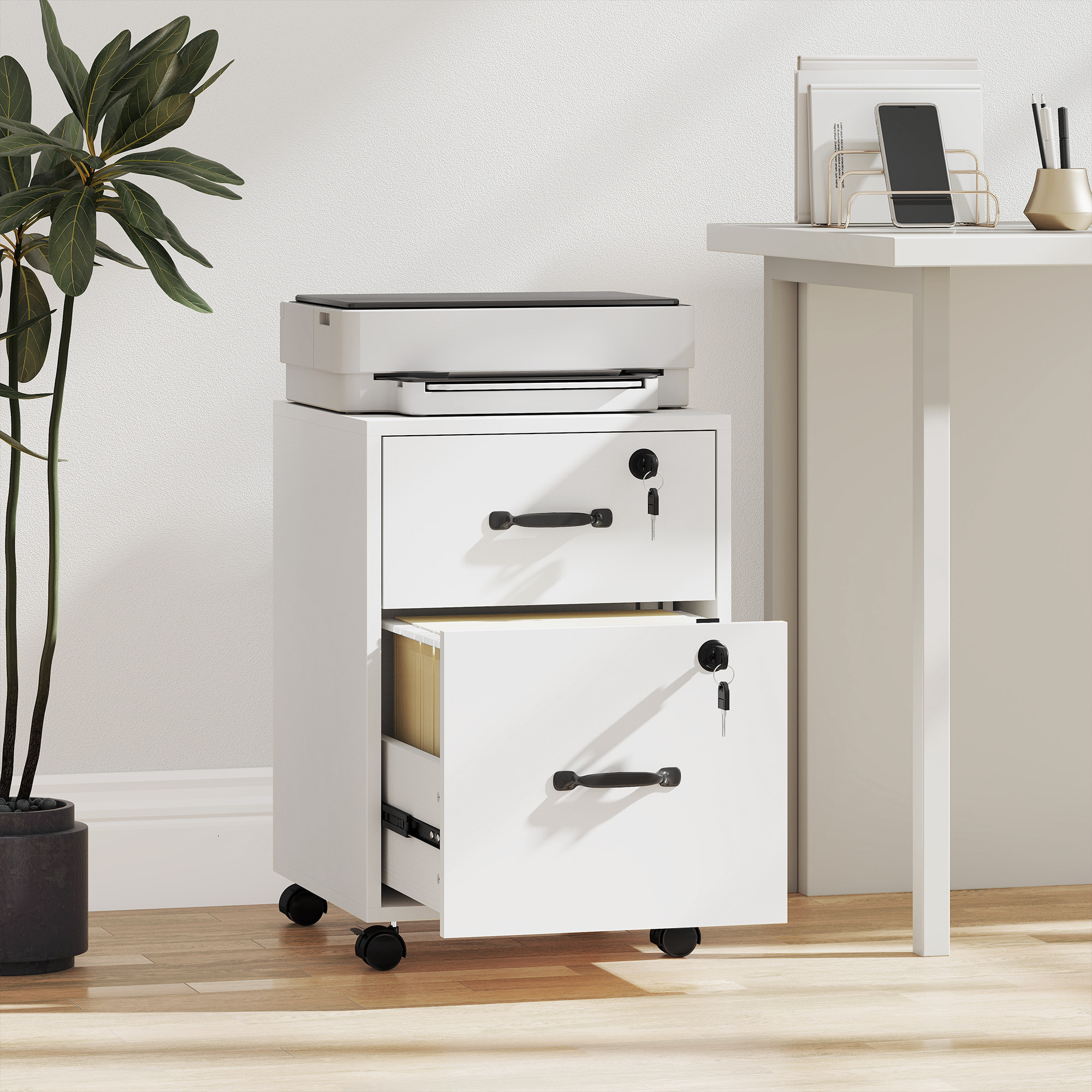 Caisson bureau verrouillable mobile 2 tiroirs coulissants trieur dossiers blanc