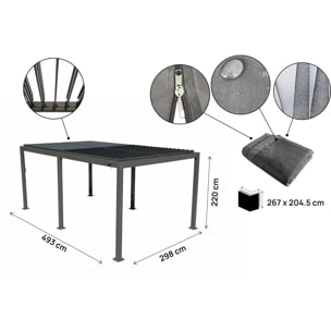 Pergola bioclimatique en aluminium avec rideau et moustiquaire "Kensington" - 3 x 5 m - Gris
