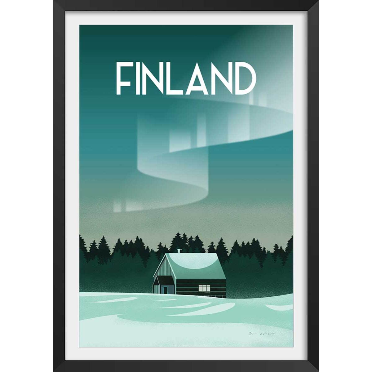 Affiche voyage laponie finlandaise Affiche + cadre en bois - Noir