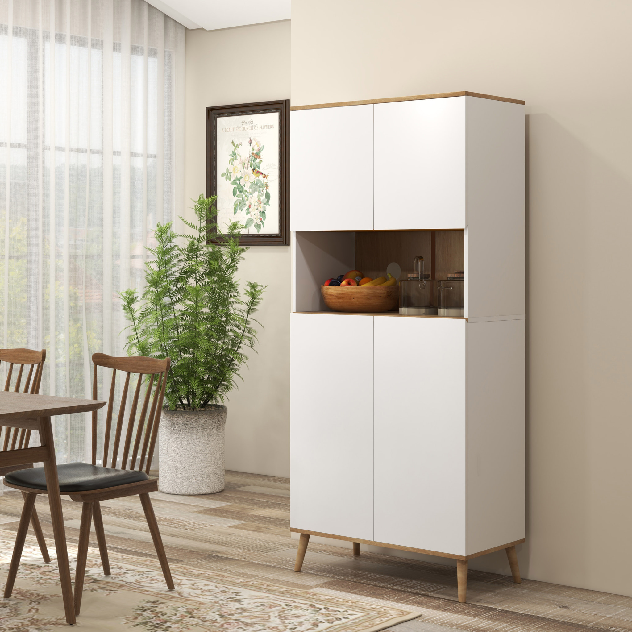 Alacena de Cocina Mueble Auxiliar de Cocina con 4 Puertas Encimera para Microondas Estantes Ajustables Orificio de Cable y Patas de Madera Estilo Moderno Blanco 80x40x178 cm