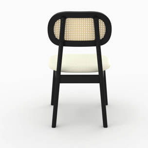 Lot de 2 chaises en bois noir, tissu beige et rotin synthétique - Maria
