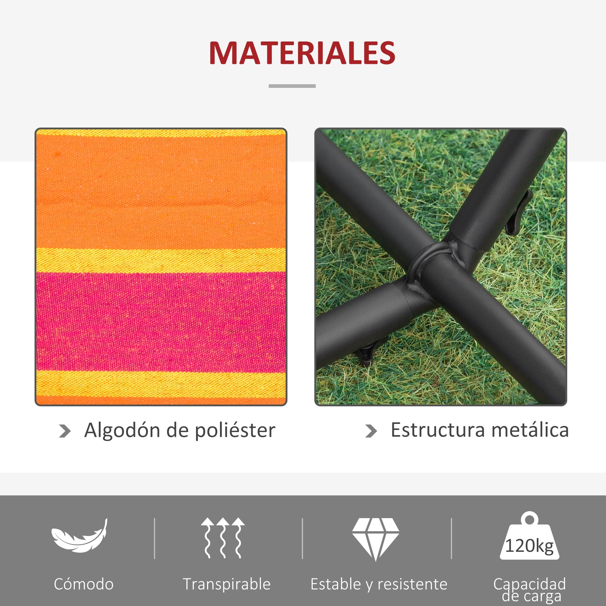 Hamaca con Soporte 310x117 cm Hamaca de Camping con Bolsa de Transporte Portátil Altura Ajustable Carga 120 kg para Patio Terraza Rayas Naranja y Rojo