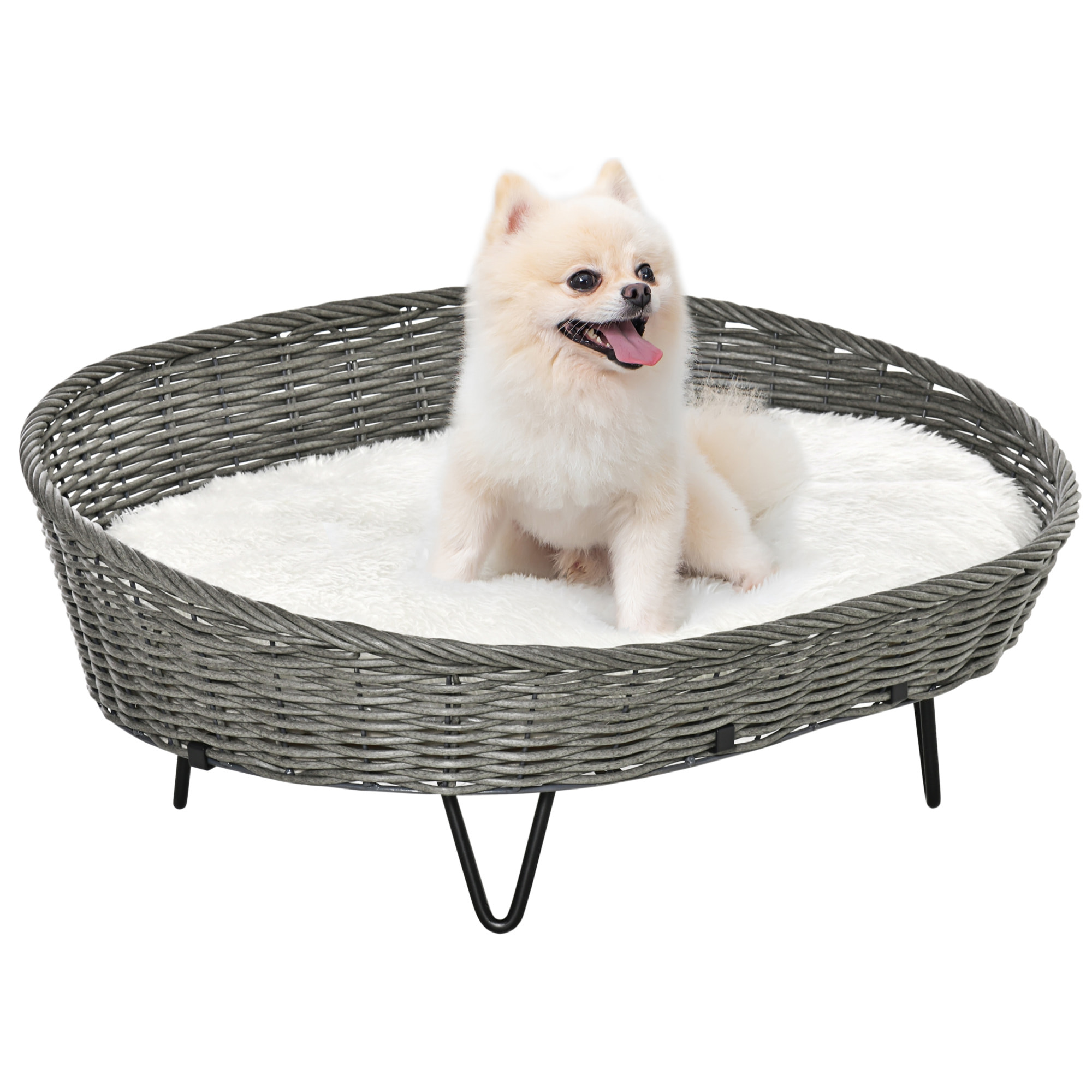 Cama para Perros Gatos de Mimbre Cesta Ratán para Mascotas Medianas Pequeñas con Cojín Lavable y Patas Elevadas de Acero 76x59x32 cm Gris y Blanco