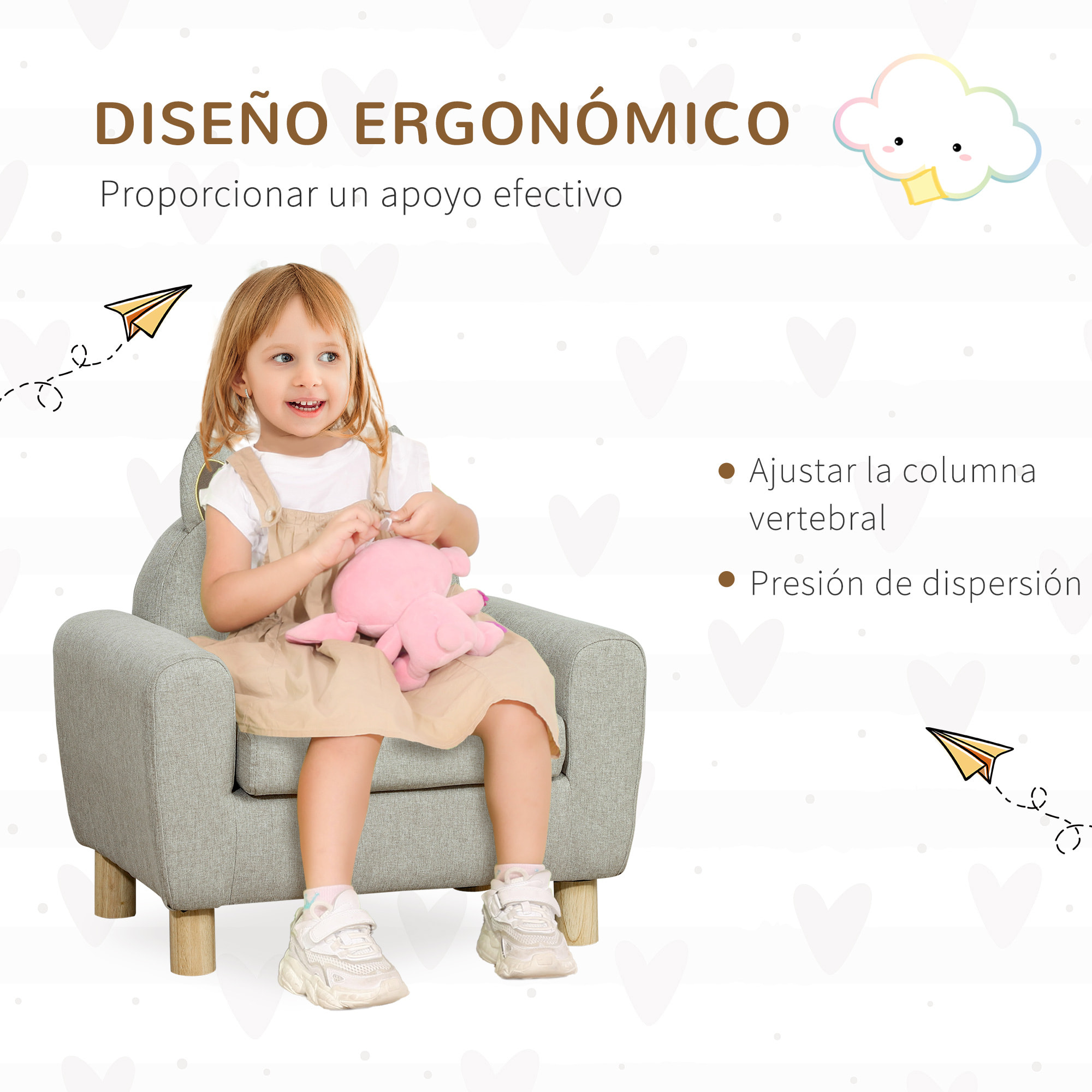 Sillón Infantil Mini Sofá para Niños de +3 Años con Asiento Acolchado Reposabrazos Bolsillo de Almacenamiento y Estructura de Madera Carga 45 kg 61x42x53 cm Gris