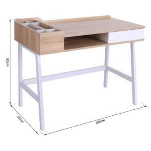 Bureau informatique multi-rangement style contemporain dim. 100L x 55l x 82H cm métal blanc MDF chêne clair