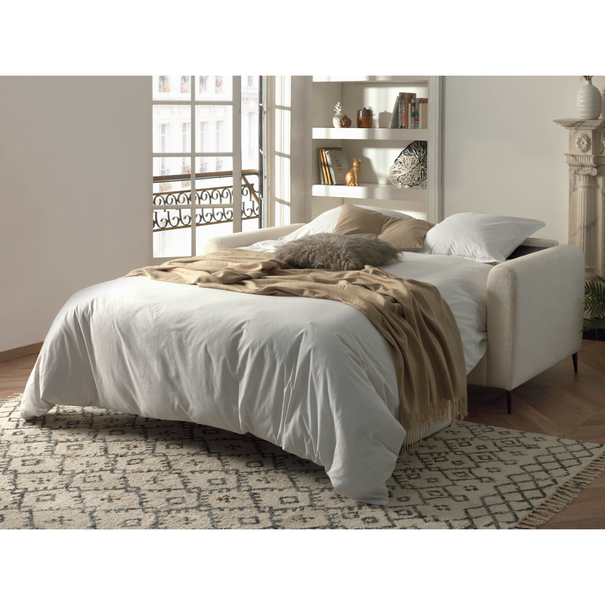 Owen - canapé 3 places convertible express couchage quotidien 140 cm matelas 12 cm en tissu bouclette - Beige