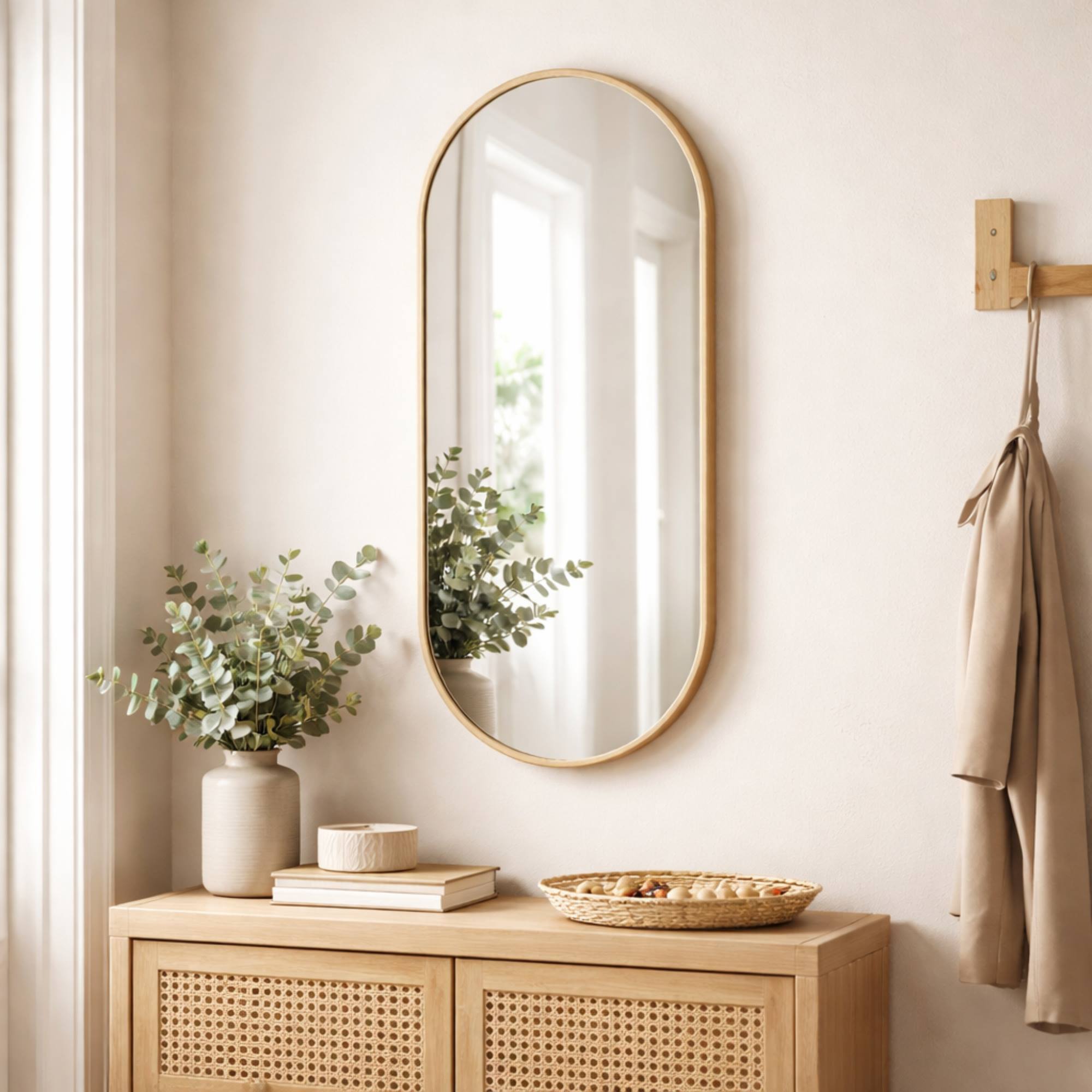 WELL HOME Espejo ovalado 30x60cm marco de madera en acabado dorado, con gancho trasero para pared ideal para dormitorio o pasillo