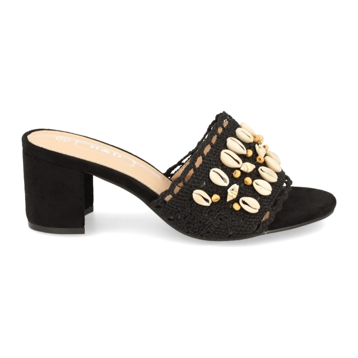 Sandalia de Tacon para Mujer Adornado con Conchas en Pala