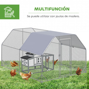 Gallinero para Exterior Grande, 2,8x3,8x1,95 m, Gallinero de Acero Galvanizado con 2 Habitaciones, Cubierta de Tela Oxford, Anti-UV e Impermeable, Jaula para 10-12 Gallinas y Conejos, Plata
