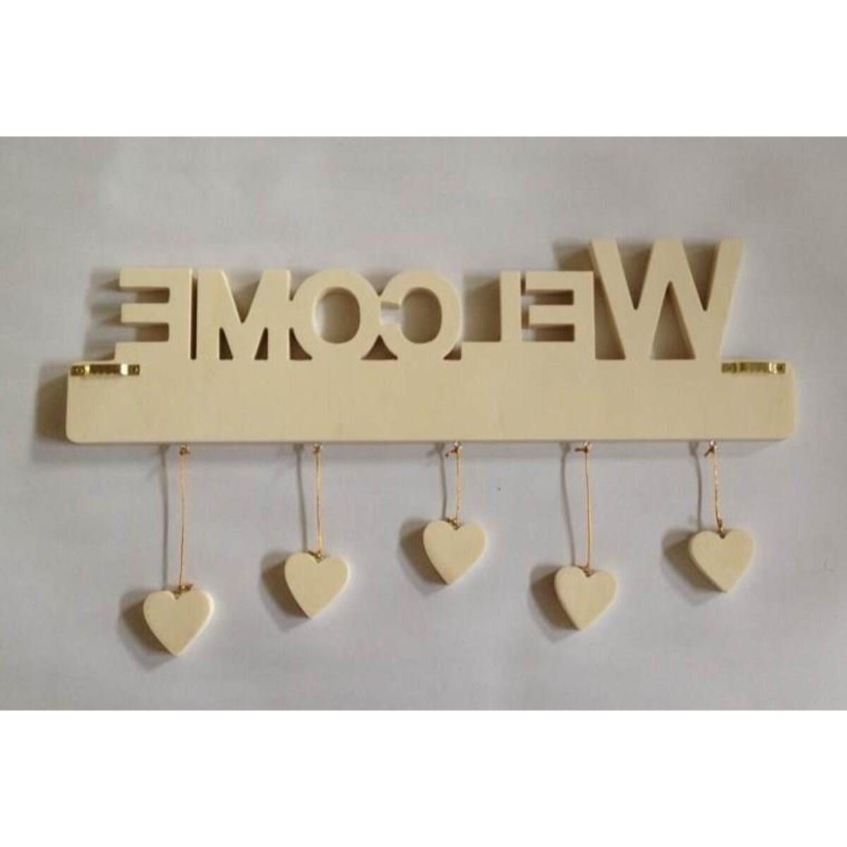Targhetta in balsa con scritta welcome con cuori cm45x1,5h13
