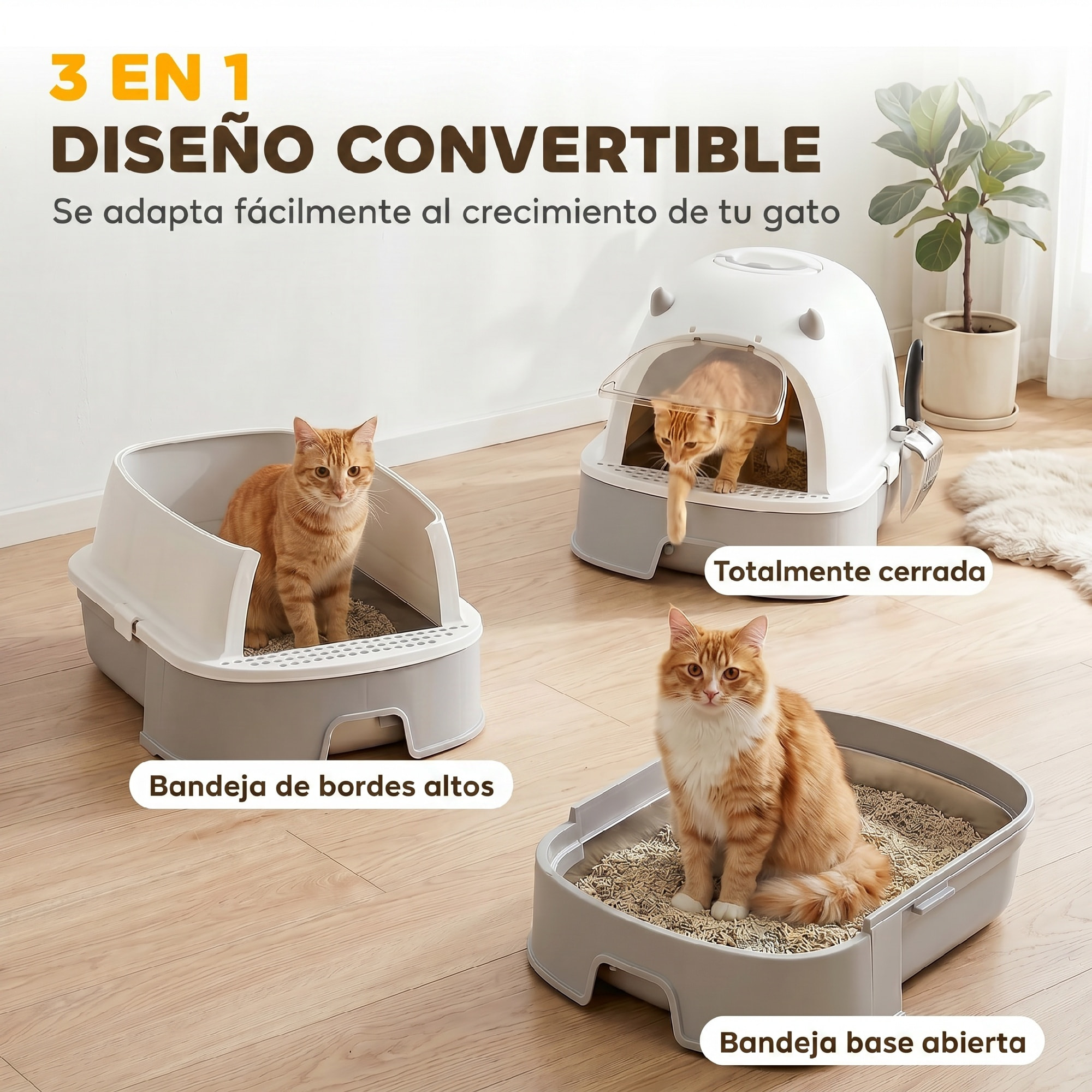 Arenero para Gatos, L, Caja de Arena para Gatos con Tapa Extraíble y Bandeja de Acero Inoxidable Extraíble, Pala, Filtros de Carbón, Fácil de Limpiar, Antifugas, Control de Olores, Gris