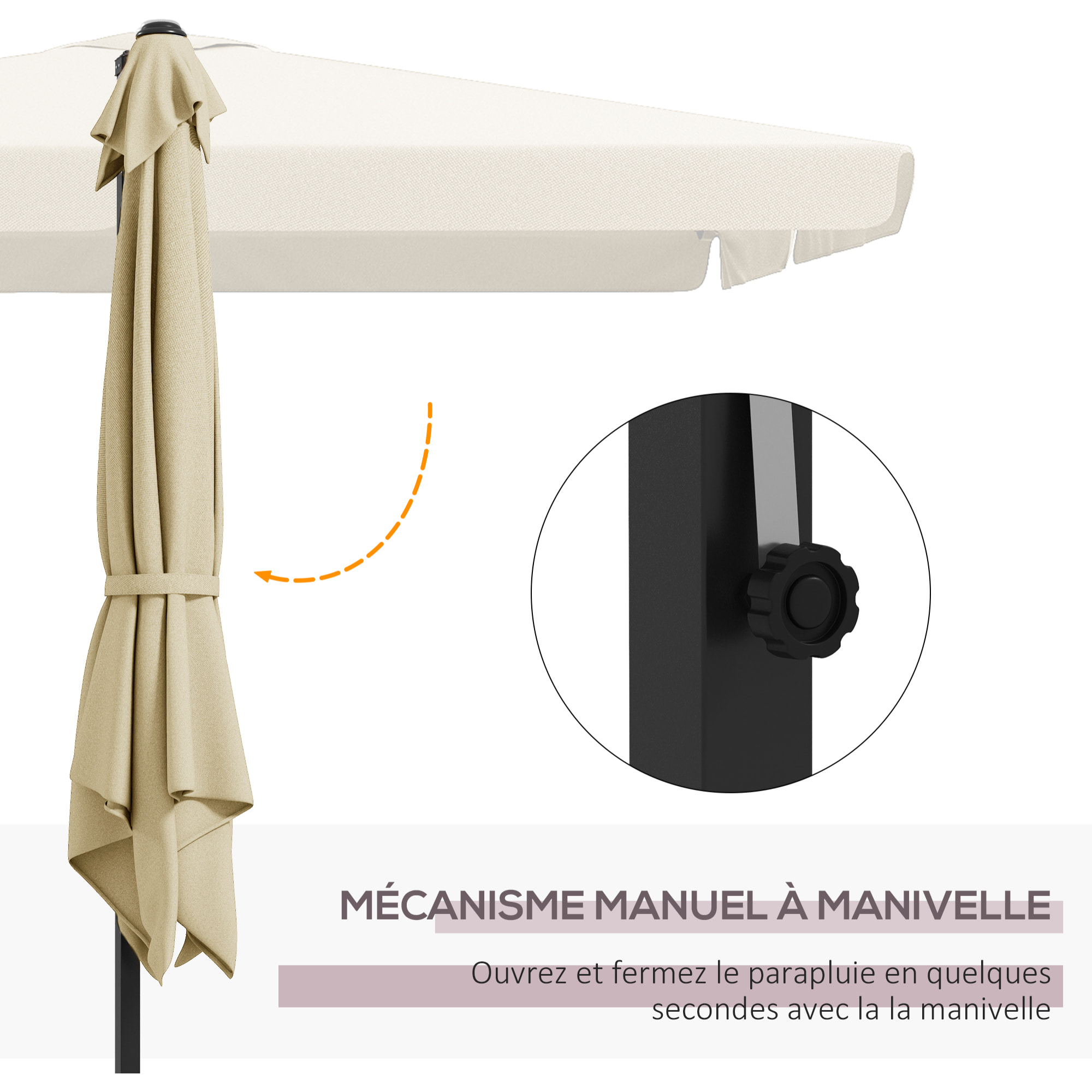 Parasol déporté carré inclinable manivelle avec piètement croix alu beige